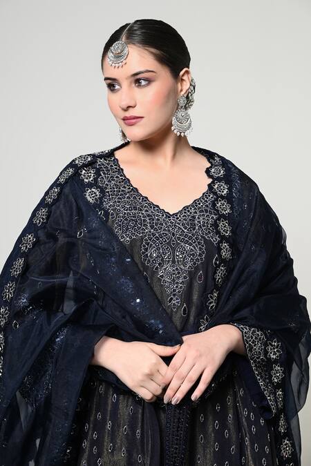 Shop_OHH CROW_Blue Silk, Tissue, Organza Embroidery, Sequins, Mirrors V-neck, No Kurta Set 