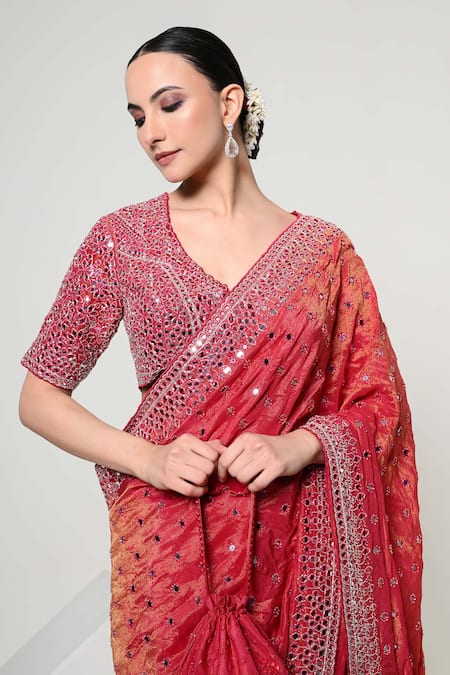 Buy_OHH CROW_Coral Silk, Tissue, Satin Mirrors, Tassels V-neck Work Saree With Blouse _Online_at_Aza_Fashions