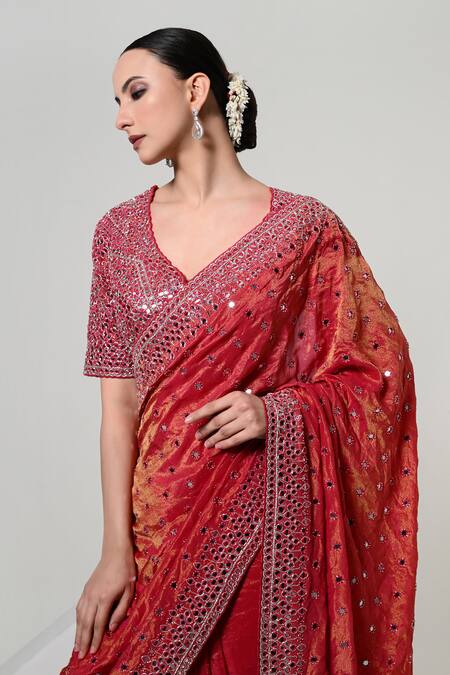 OHH CROW_Coral Silk, Tissue, Satin Mirrors, Tassels V-neck Work Saree With Blouse _at_Aza_Fashions