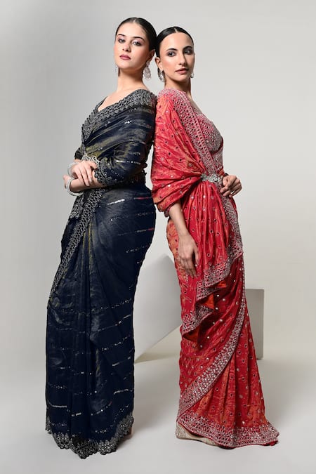 Buy_OHH CROW_Coral Silk, Tissue, Satin Mirrors, Tassels V-neck Work Saree With Blouse 