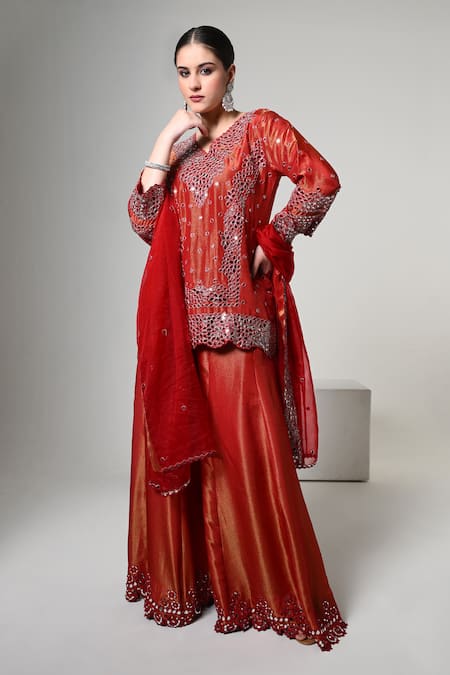 Buy OHH CROW Red Silk, Tissue, Organza Mirrors V-neck Work Kurta Set Online at Aza Fashions Buy_OHH CROW_Red Silk, Tissue, Organza Mirrors V-neck Work Kurta Set _Online_at_Aza_Fashions