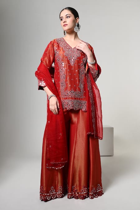 Shop OHH CROW Red Silk, Tissue, Organza Mirrors V-neck Work Kurta Set Online at Aza Fashions Shop_OHH CROW_Red Silk, Tissue, Organza Mirrors V-neck Work Kurta Set _Online_at_Aza_Fashions