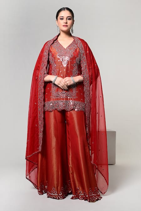 OHH CROW Red Silk, Tissue, Organza Mirrors V-neck Work Kurta Set at Aza Fashions OHH CROW_Red Silk, Tissue, Organza Mirrors V-neck Work Kurta Set _at_Aza_Fashions