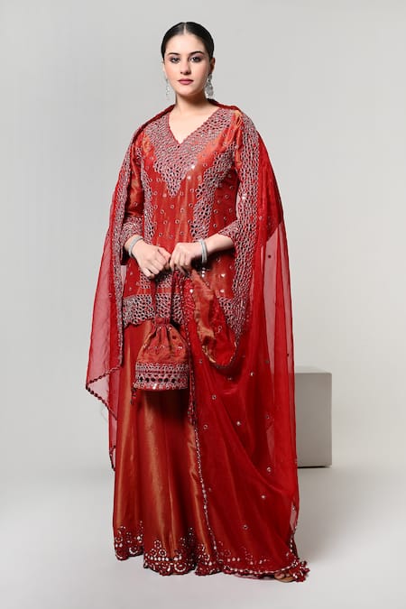 Buy OHH CROW Red Silk, Tissue, Organza Mirrors V-neck Work Kurta Set Buy_OHH CROW_Red Silk, Tissue, Organza Mirrors V-neck Work Kurta Set