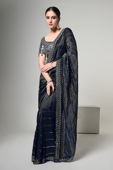OHH CROW_Blue Silk, Tissue, Satin Mirrors V-neck Border Embroidered Saree With Blouse _Online_at_Aza_Fashions
