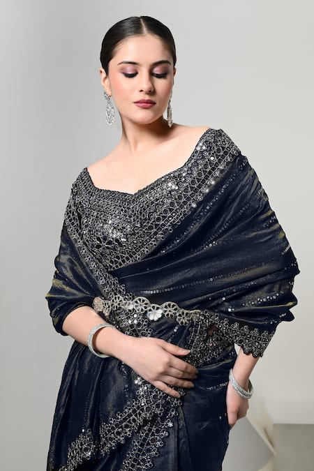 Shop_OHH CROW_Blue Silk, Tissue, Satin Mirrors V-neck Border Embroidered Saree With Blouse 