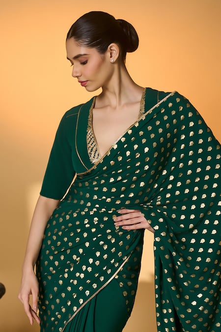 Masaba_Emerald Green Crepe, Silk Gota Palm Tree Saree With Unstitched Blouse Piece _Online_at_Aza_Fashions