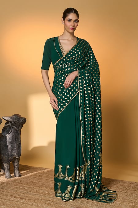 Buy_Masaba_Emerald Green Crepe, Silk Gota Palm Tree Saree With Unstitched Blouse Piece _Online_at_Aza_Fashions