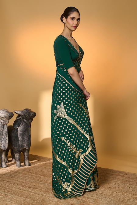Shop_Masaba_Emerald Green Crepe, Silk Gota Palm Tree Saree With Unstitched Blouse Piece _Online_at_Aza_Fashions