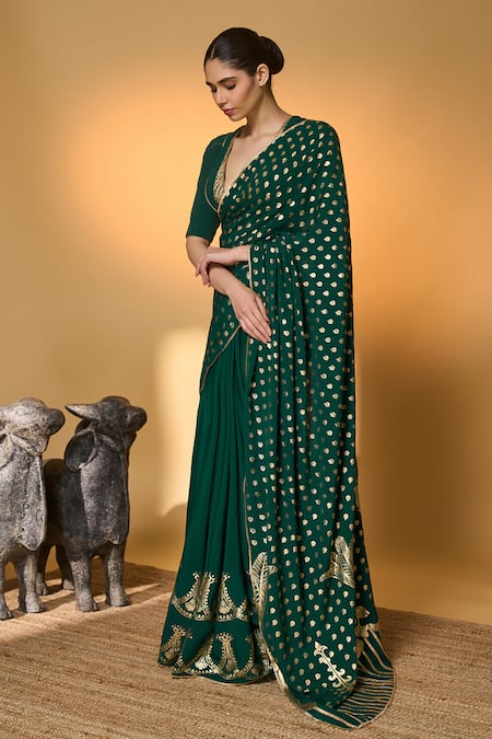 Masaba_Emerald Green Crepe, Silk Gota Palm Tree Saree With Unstitched Blouse Piece _at_Aza_Fashions