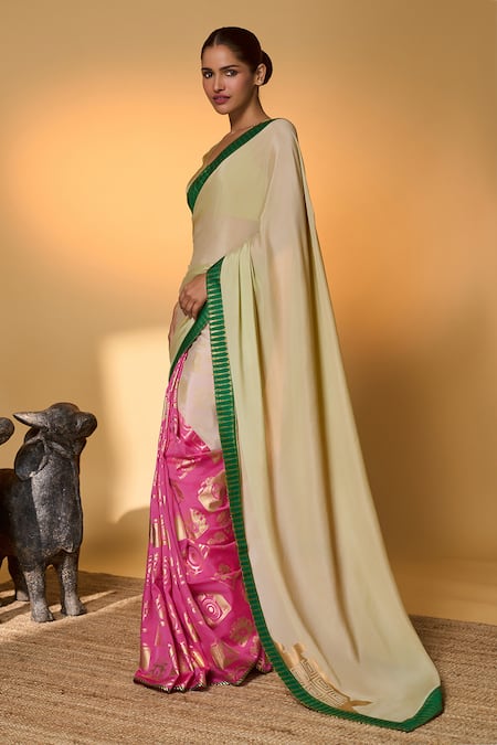 Buy_Masaba_Mint Chiffon Foil Printing Turtle Tale Saree With Unstitched Blouse Piece _Online_at_Aza_Fashions