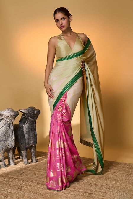 Masaba_Mint Chiffon Foil Printing Turtle Tale Saree With Unstitched Blouse Piece _at_Aza_Fashions