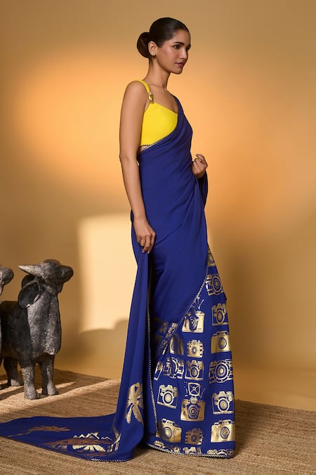 Masaba_Blue Silk, Crepe Foil Tropical Camera Saree With Unstitched Blouse Piece _Online_at_Aza_Fashions
