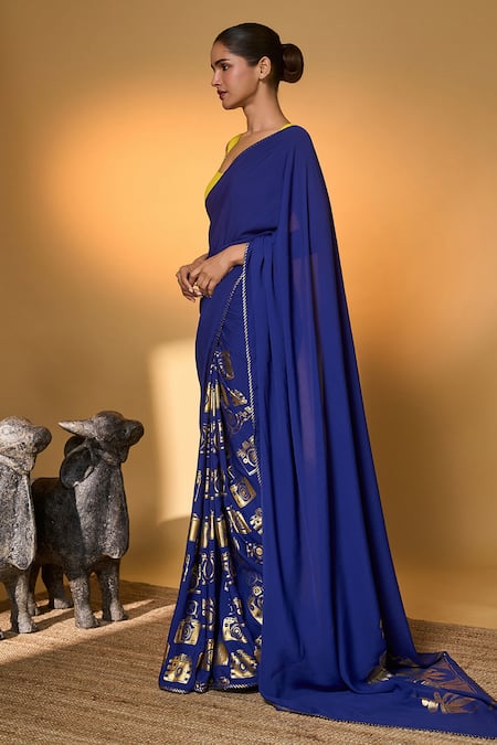 Buy_Masaba_Blue Silk, Crepe Foil Tropical Camera Saree With Unstitched Blouse Piece _Online_at_Aza_Fashions