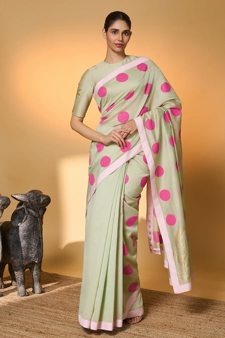 Masaba Rose Blush Polka Saree With Unstitched Blouse Piece 