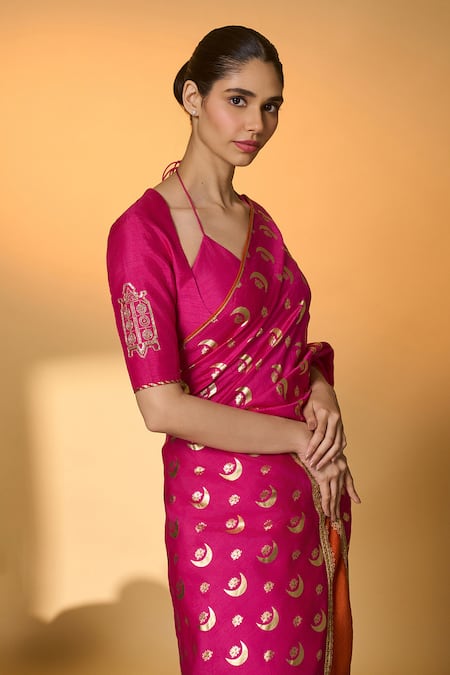Masaba_Pink Silk Embroidery, Zari, Gota Chand Phool Saree With Unstitched Blouse Piece _Online_at_Aza_Fashions