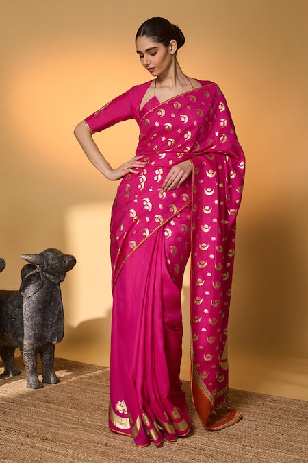 Shop_Masaba_Pink Silk Embroidery, Zari, Gota Chand Phool Saree With Unstitched Blouse Piece _Online_at_Aza_Fashions