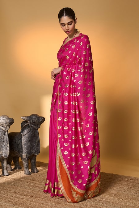 Masaba_Pink Silk Embroidery, Zari, Gota Chand Phool Saree With Unstitched Blouse Piece _at_Aza_Fashions