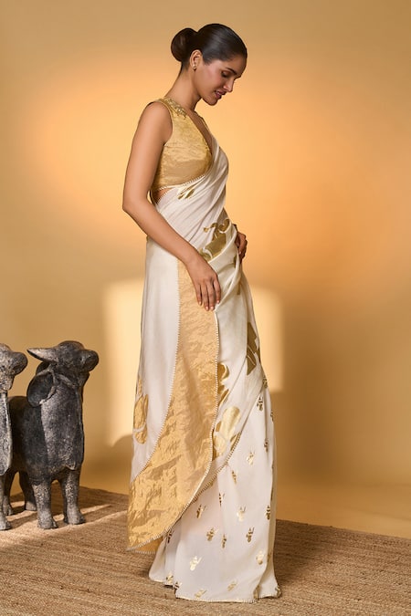 Shop_Masaba_Ivory Silk Applique, Foil Printing Ganesh Saree With Unstitched Blouse Piece _Online_at_Aza_Fashions