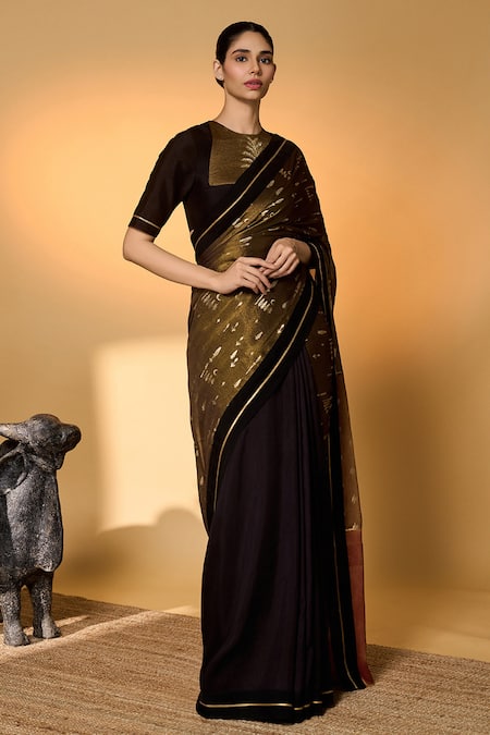 Masaba_Black Silk, Tissue Gota Patti, Midnight Amber Saree With Unstitched Blouse Piece _Online_at_Aza_Fashions