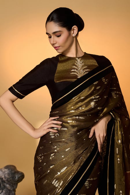 Shop_Masaba_Black Silk, Tissue Gota Patti, Midnight Amber Saree With Unstitched Blouse Piece _Online_at_Aza_Fashions