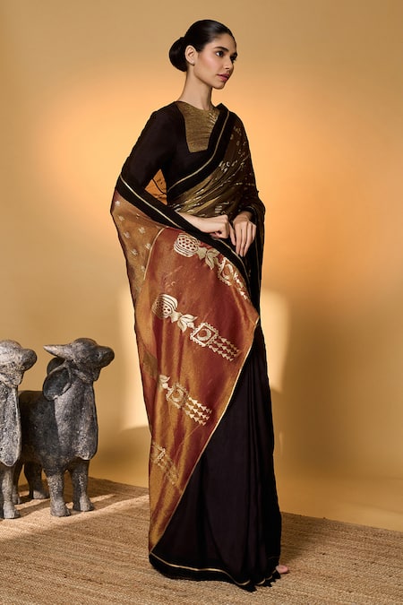 Masaba_Black Silk, Tissue Gota Patti, Midnight Amber Saree With Unstitched Blouse Piece _at_Aza_Fashions