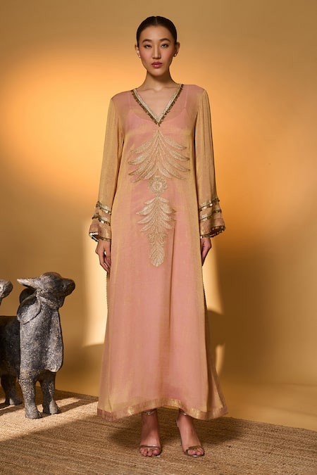 Masaba Pink Silk, Tissue, Crepe Embroidery, Foil Printing Moonfield Kaftan With Slip Online at Aza Fashions Masaba_Pink Silk, Tissue, Crepe Embroidery, Foil Printing Moonfield Kaftan With Slip _Online_at_Aza_Fashions