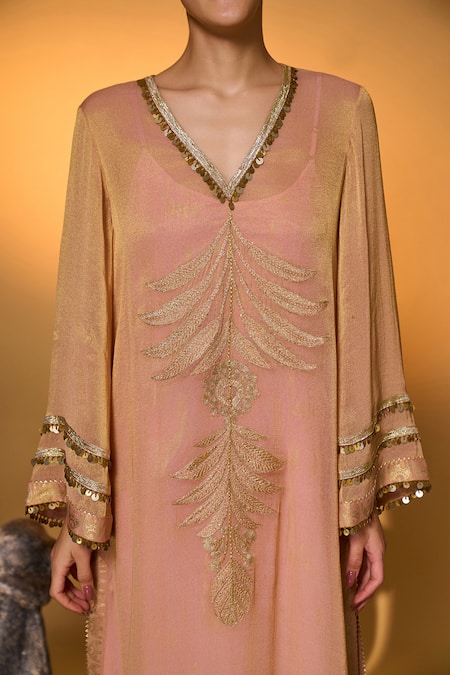 Buy Masaba Pink Silk, Tissue, Crepe Embroidery, Foil Printing Moonfield Kaftan With Slip Buy_Masaba_Pink Silk, Tissue, Crepe Embroidery, Foil Printing Moonfield Kaftan With Slip