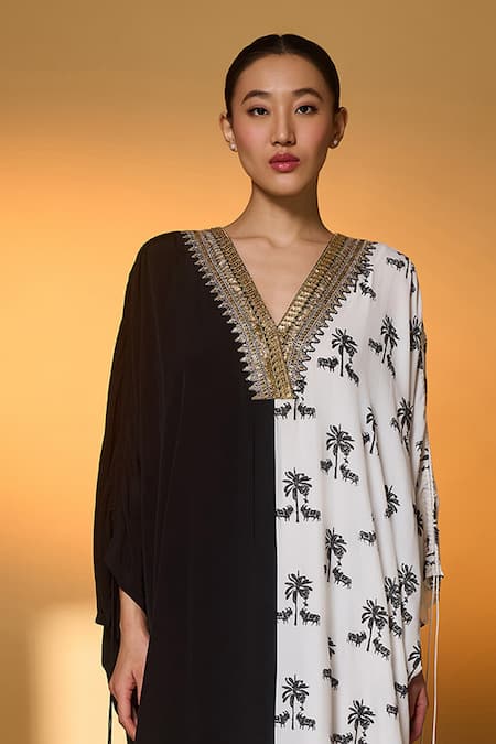 Buy Masaba Black Silk, Crepe Tassels, Foil Printing V-neck And White Tropical Nandi Kaftan Online at Aza Fashions Buy_Masaba_Black Silk, Crepe Tassels, Foil Printing V-neck And White Tropical Nandi Kaftan _Online_at_Aza_Fashions