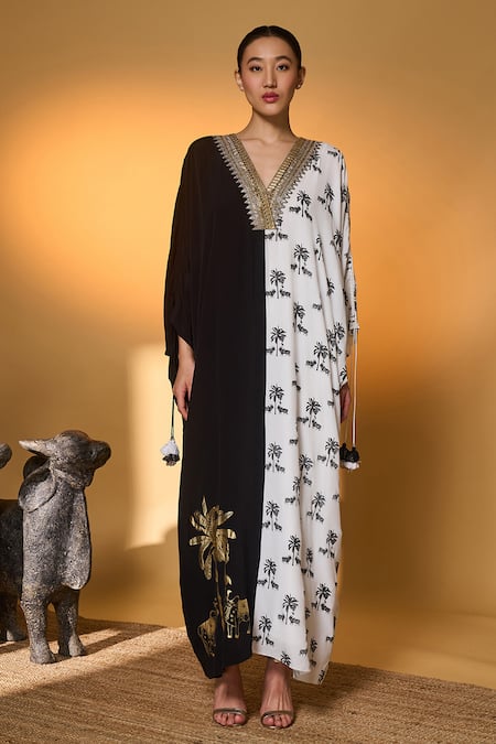 Masaba Black Silk, Crepe Tassels, Foil Printing V-neck And White Tropical Nandi Kaftan at Aza Fashions Masaba_Black Silk, Crepe Tassels, Foil Printing V-neck And White Tropical Nandi Kaftan _at_Aza_Fashions