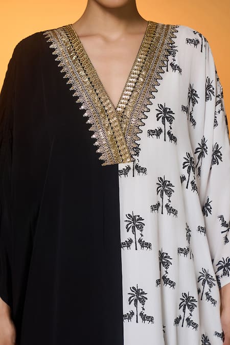 Shop Masaba Black Silk, Crepe Tassels, Foil Printing V-neck And White Tropical Nandi Kaftan Shop_Masaba_Black Silk, Crepe Tassels, Foil Printing V-neck And White Tropical Nandi Kaftan