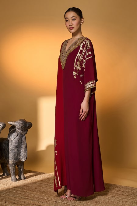Masaba Red Silk, Crepe, Shantoon Zari, Foil Printing And Plum Moonlight Melody Kaftan Online at Aza Fashions Masaba_Red Silk, Crepe, Shantoon Zari, Foil Printing And Plum Moonlight Melody Kaftan _Online_at_Aza_Fashions