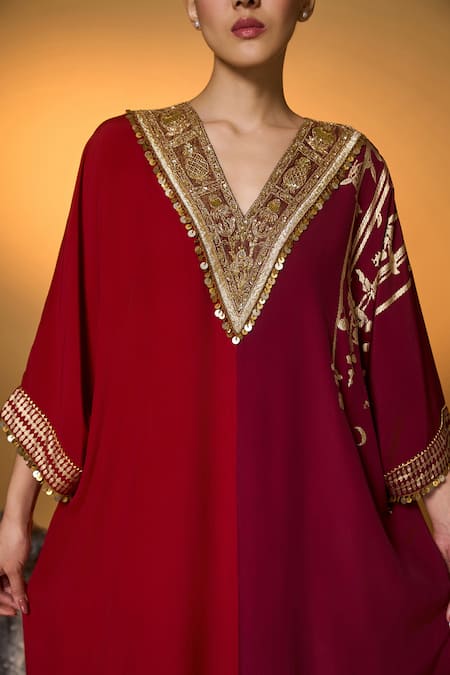 Shop Masaba Red Silk, Crepe, Shantoon Zari, Foil Printing And Plum Moonlight Melody Kaftan Online at Aza Fashions Shop_Masaba_Red Silk, Crepe, Shantoon Zari, Foil Printing And Plum Moonlight Melody Kaftan _Online_at_Aza_Fashions