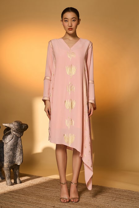 Masaba_Pink Silk, Crepe, Shantoon Lace, Foil Printing Baby Tango Bloom High Low Kaftan _Online_at_Aza_Fashions