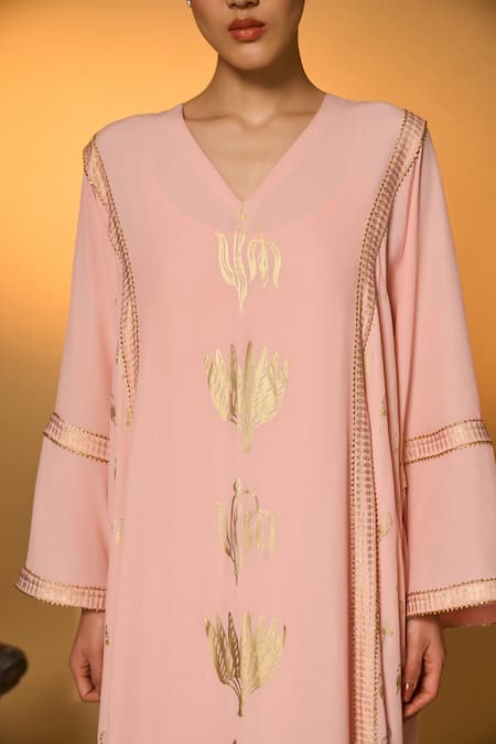 Buy_Masaba_Pink Silk, Crepe, Shantoon Lace, Foil Printing Baby Tango Bloom High Low Kaftan _Online_at_Aza_Fashions