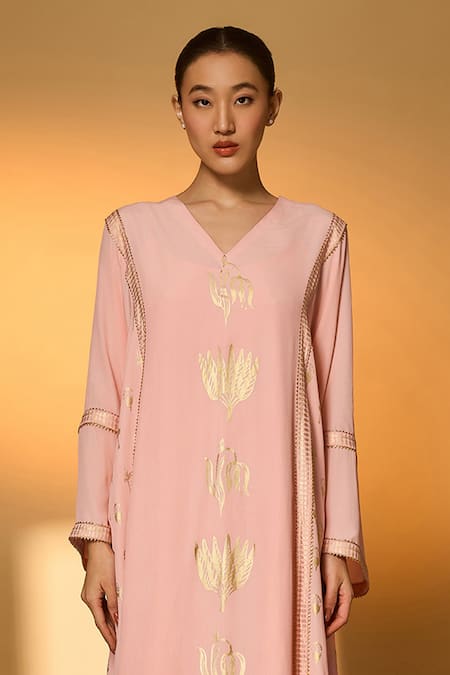 Shop_Masaba_Pink Silk, Crepe, Shantoon Lace, Foil Printing Baby Tango Bloom High Low Kaftan _Online_at_Aza_Fashions