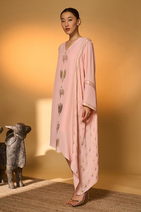 Masaba_Pink Silk, Crepe, Shantoon Lace, Foil Printing Baby Tango Bloom High Low Kaftan _at_Aza_Fashions