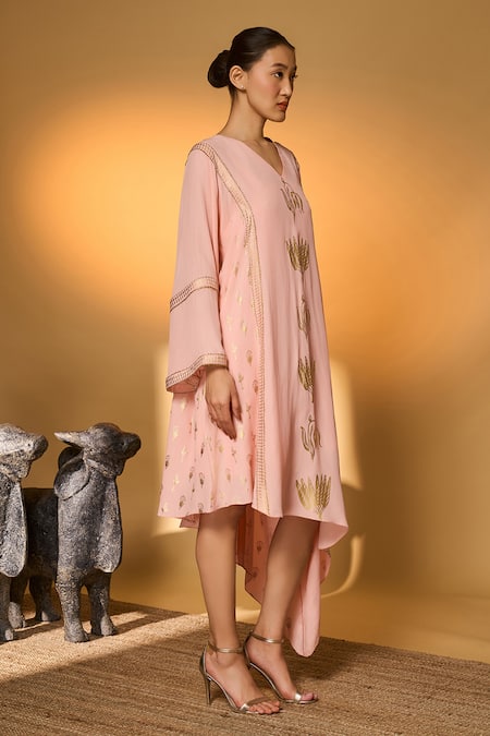 Buy_Masaba_Pink Silk, Crepe, Shantoon Lace, Foil Printing Baby Tango Bloom High Low Kaftan 