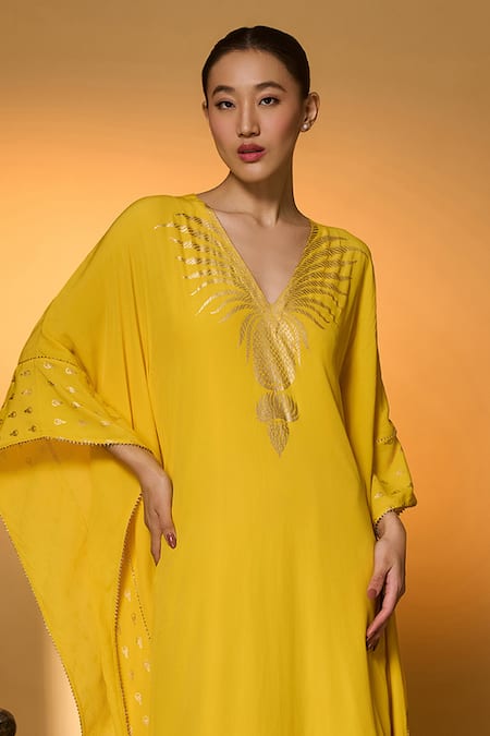 Masaba_Yellow Silk, Crepe Foil Printing V-neck Tribal Mask Kaftan _Online_at_Aza_Fashions