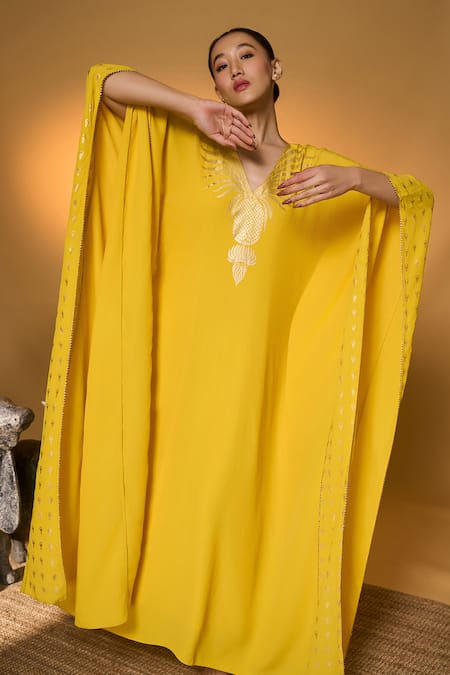 Buy_Masaba_Yellow Silk, Crepe Foil Printing V-neck Tribal Mask Kaftan _Online_at_Aza_Fashions