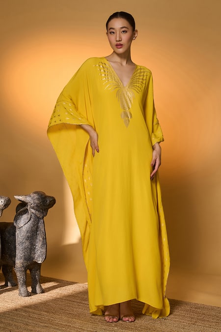 Masaba Yellow Tribal Mask Print Kaftan 