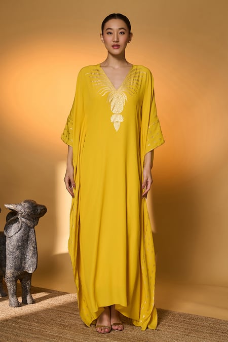 Shop_Masaba_Yellow Silk, Crepe Foil Printing V-neck Tribal Mask Kaftan _Online_at_Aza_Fashions