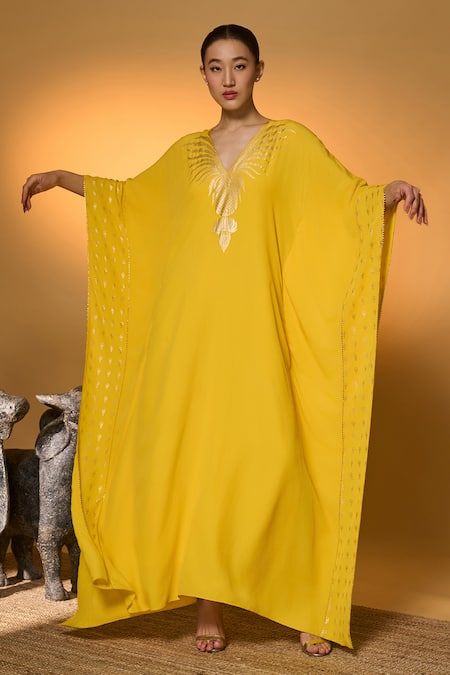 Masaba_Yellow Silk, Crepe Foil Printing V-neck Tribal Mask Kaftan _at_Aza_Fashions