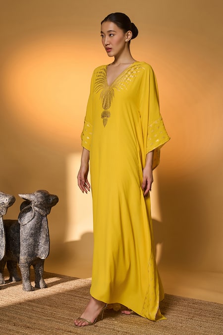 Buy_Masaba_Yellow Silk, Crepe Foil Printing V-neck Tribal Mask Kaftan 