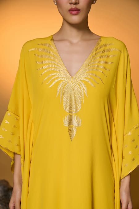 Shop_Masaba_Yellow Silk, Crepe Foil Printing V-neck Tribal Mask Kaftan 