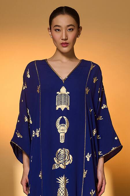 Masaba_Blue Silk, Crepe Embroidery, Gota Patti V-neck Electric All Charms Print Kaftan _Online_at_Aza_Fashions