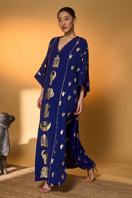 Shop_Masaba_Blue Silk, Crepe Embroidery, Gota Patti V-neck Electric All Charms Print Kaftan _Online_at_Aza_Fashions