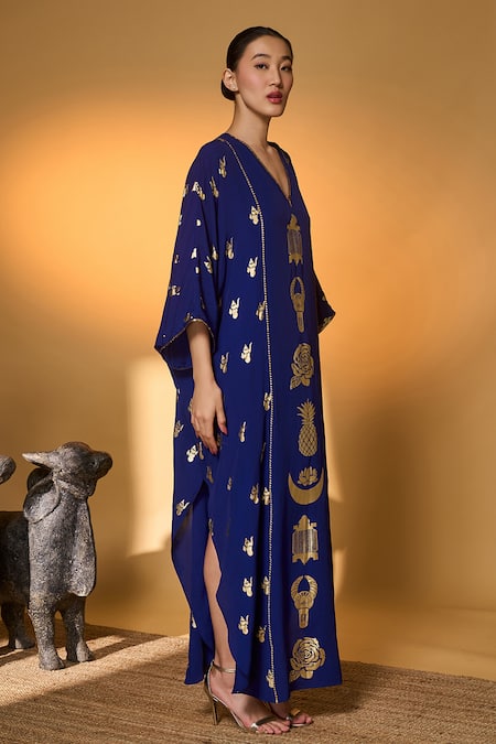 Masaba_Blue Silk, Crepe Embroidery, Gota Patti V-neck Electric All Charms Print Kaftan _at_Aza_Fashions