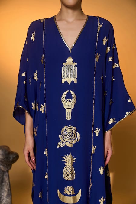 Buy_Masaba_Blue Silk, Crepe Embroidery, Gota Patti V-neck Electric All Charms Print Kaftan 