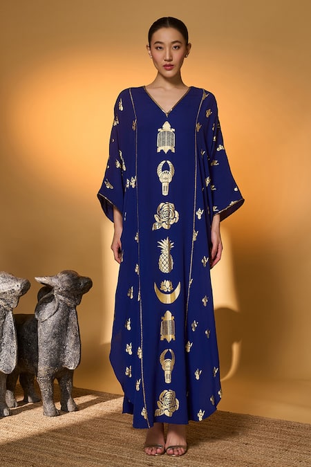 Shop_Masaba_Blue Silk, Crepe Embroidery, Gota Patti V-neck Electric All Charms Print Kaftan 